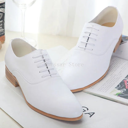 3CM Heels Men Wedding Shoes Genuine Leather White Black Oxford Dress Business Suit Shoe Lace Up Point Toe Formal Shoes Handmade