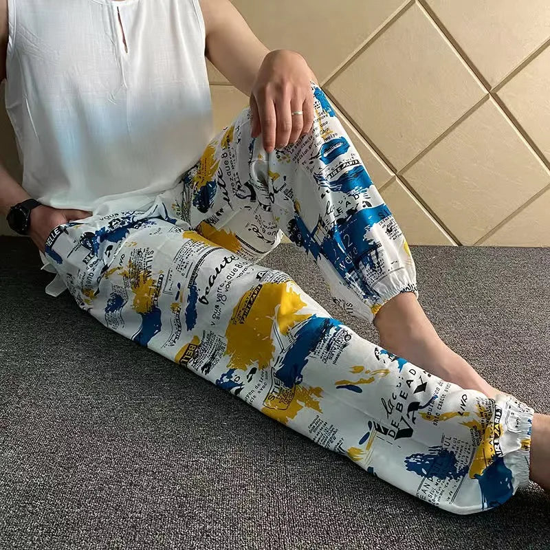 Women's Casual Print Palazzo Pants, Loose Sleep Pyjama Pants, Wide Leg, Thin Shorts, Cropped Pants, Summer Outdoor, ouc1143