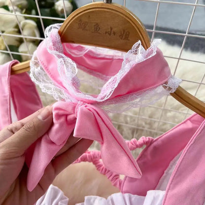 Pink Sweet Women LolitaMini Dress Y2k Servant Low Cut Lace Patchwork Mini Dress Birthday Cocktail Role Play Maid Short Dresses