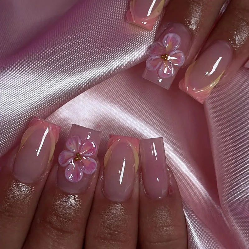 24pcs Blush Pink French Press On Nails Hand-painted White Flower Gold Ball Designs Fake Nail Short Square Korean False Nail Tips