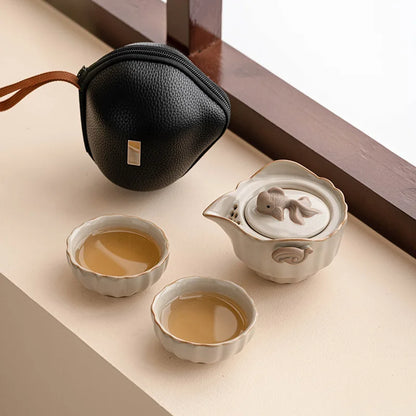 Beige Ru Ware Travel Tea Set Portable Outdoor One Pot Two Cups Porcelain Brewing Equipment Suit