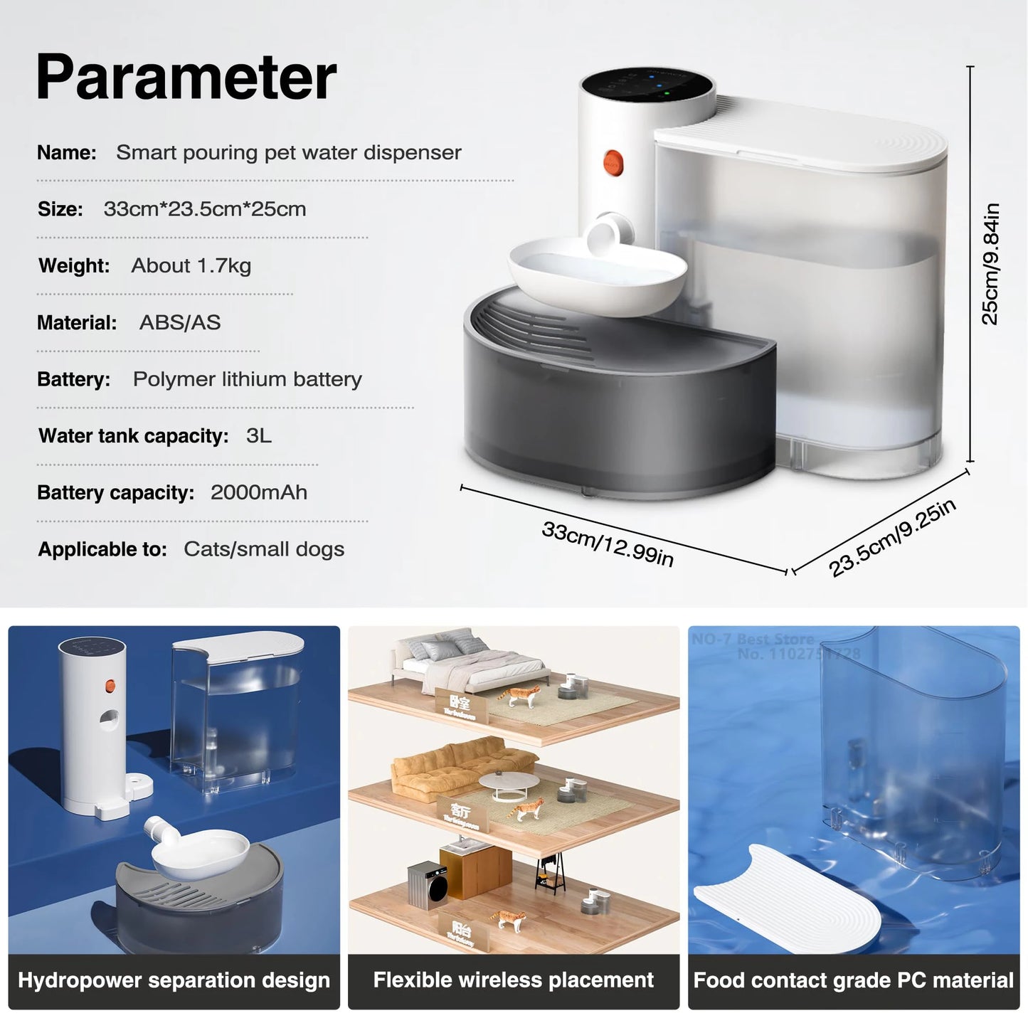 Cat Water Fountain, Automatic Pet Water Dispenser for Puppy, Rechargeable Wireless Cat Drinker No Need Filter, Cat Accessories