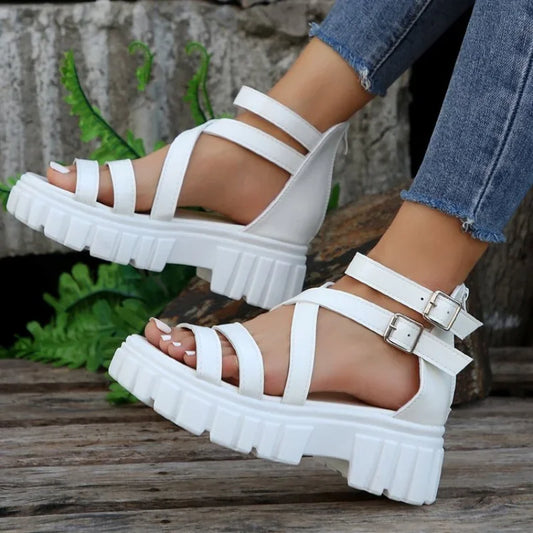 Chunky High Heels Roman Sandals for Women 2024 Summer Ankle Strap Plarform Sandals Woman Strap Thick Heeled Party Shoes