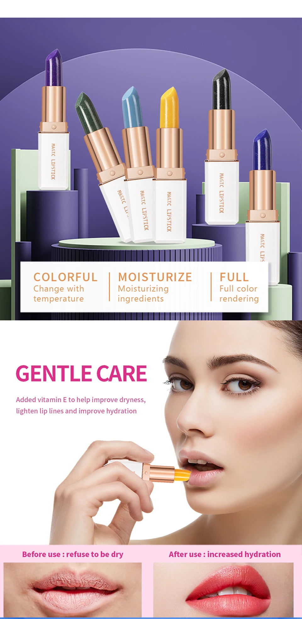 Magic Lipstick Temperature Color Changing Lip Stain Gloss Moisturizing Long Lasting Waterproof Lip Balm 6Colors Women Lipstick