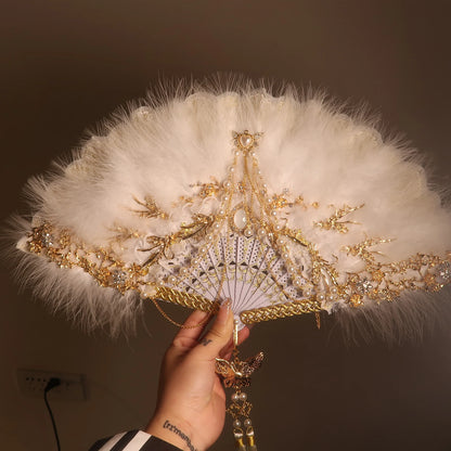 Feather Fan Lolita Dance Cheongsam Catwalk Show Folding Fan Retro Nostalgic Hanfu Fairy Lace Fan
