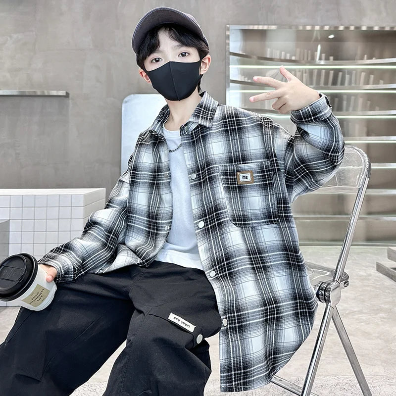 Baby Boys Shirts Fashion Classical Black White Color Plaid Blouse Gentlemen's Long Sleeve Shirt Teen Kids Tops Boys Clothes 5-14
