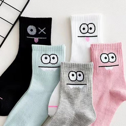 5 Pairs Cute Expression Print Socks, Comfy & Funny All-match Mid Tube Socks, Women's Stockings & Hosiery