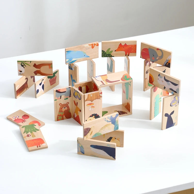 The Baby Montessori Domino Puzzle Toy Features Cartoon Patterned Dominoes With Smooth Edges That Are Super Fun For Babies