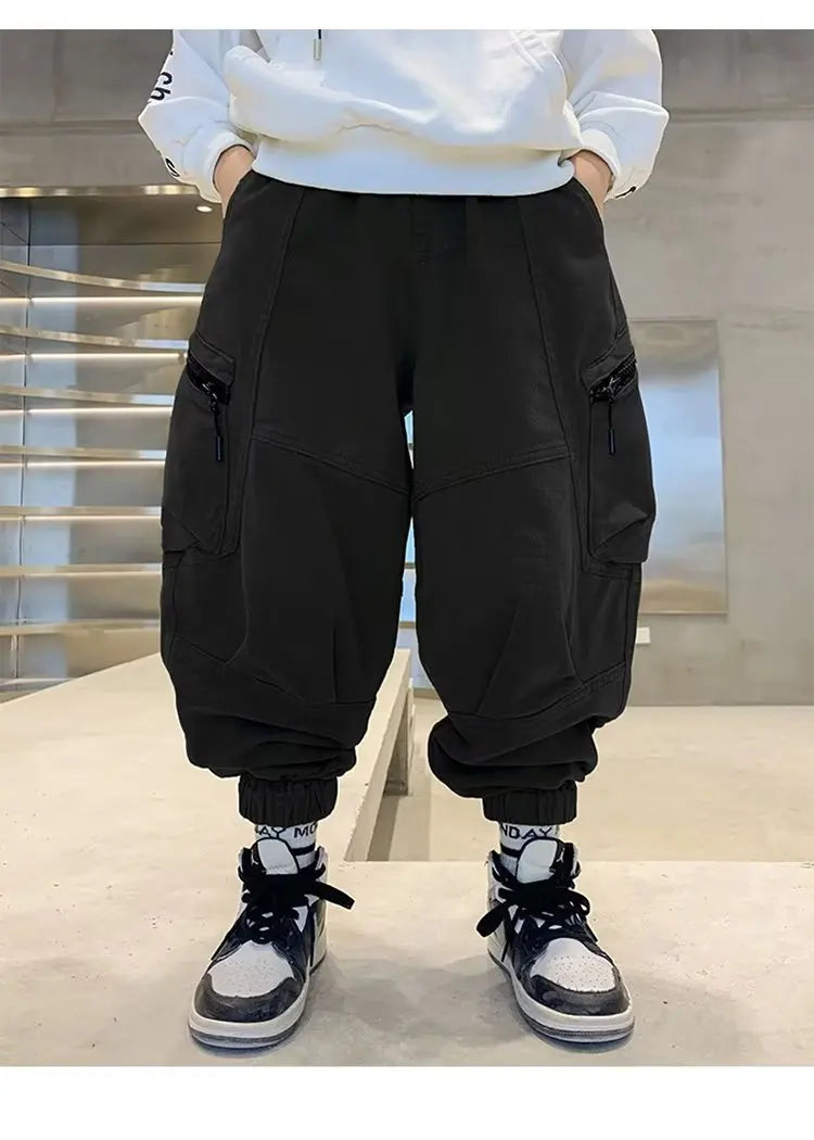 Boys Spring Autumn Children's Clothing Cargo Pants Children's Casual Large Size Sweatpants Boys Fashion Fake Zippers Cargo Pants