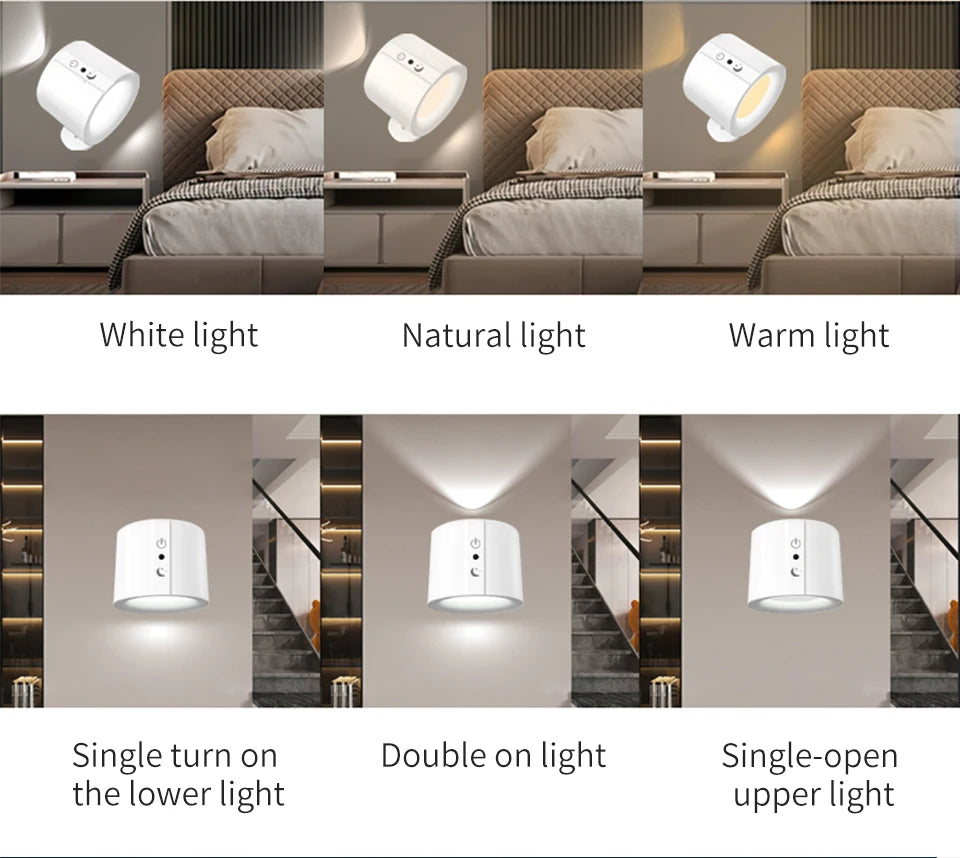 LED Wall Sconces Light Touch Control Double Head Wall Lamp 360 Rotatable 3Colors Wall Lights Wireless Night Lights For Bedroom