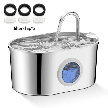 Stainless steel cat fountain, 74 oz/2.2 liters with water level windows and silent water pump for cats and puppies