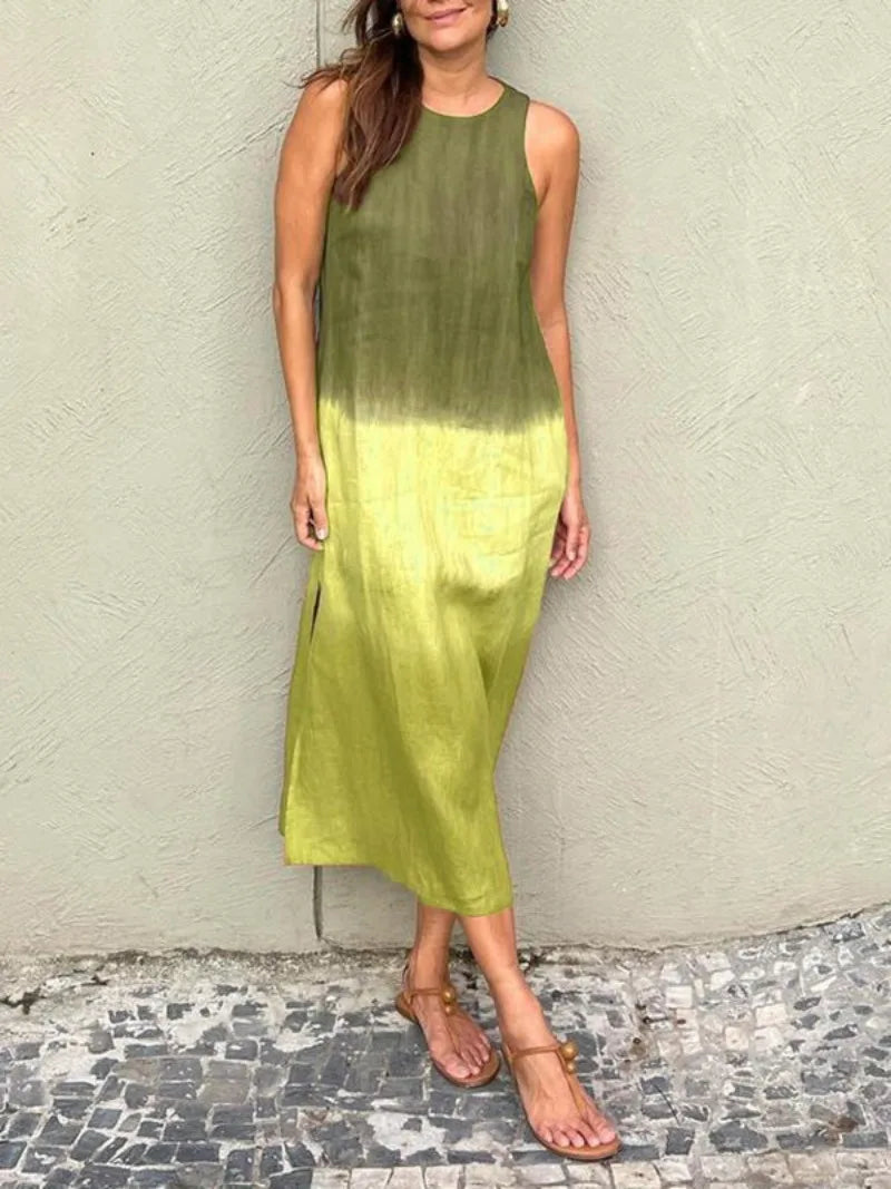 2024 Women Gradient Dress Split Sleeveless Maxi Dresses New Summer Casual Fashion Female High Street Vestidos