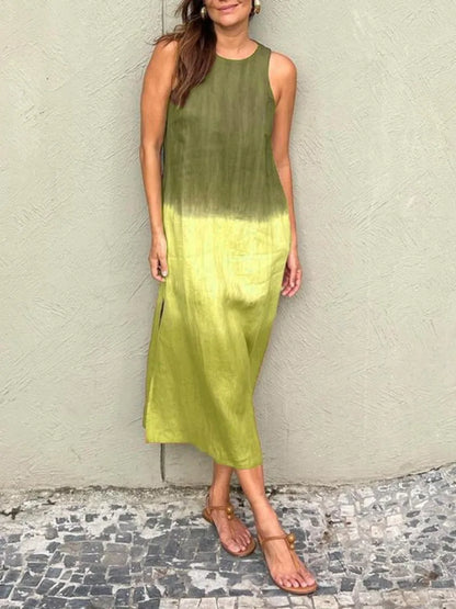 2024 Women Gradient Dress Split Sleeveless Maxi Dresses New Summer Casual Fashion Female High Street Vestidos