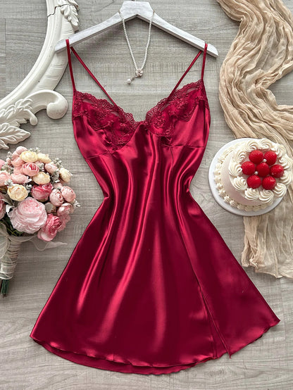 The latest women's satin nightdress V-neck with lace slit design comfortable sexy ladies pajamas