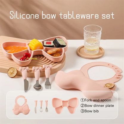 5Pc-Set Baby Cute Silicone Dining Plate Spoon Set for Baby Feeding Bow Bibs Straws Pad Fork Spoon Maternal Infant Supplies Gifts