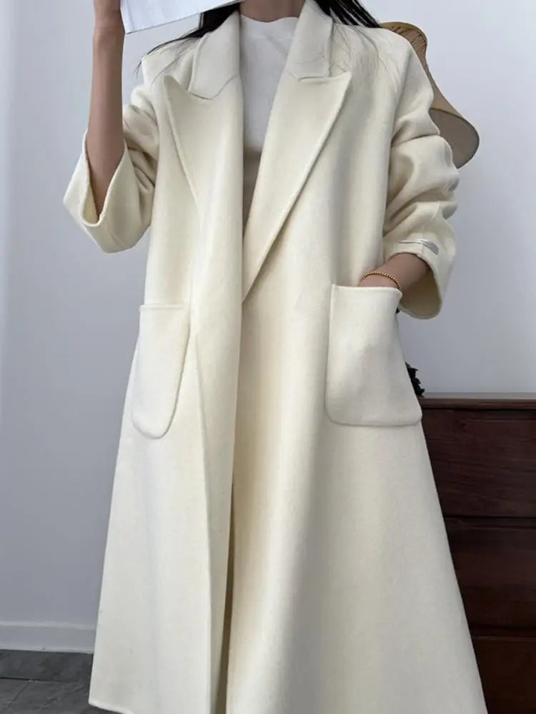 Office Lady Woolen Jackets 2024 Autumn And Winter Bathrobe Style Pocket Double-Sided Loose Lace -Up Tie Women's Long Wool Coats