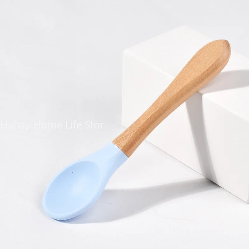 Baby Silicone Feeding Set with Wooden Handle Soft Training Spoon and Fork for Kids