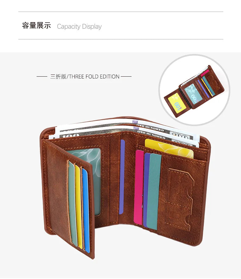 Men's Wallets RFID Blocking Genuine Leather Trifold Business Short Purse Wallet for Men with ID Window and Credit Card Holder