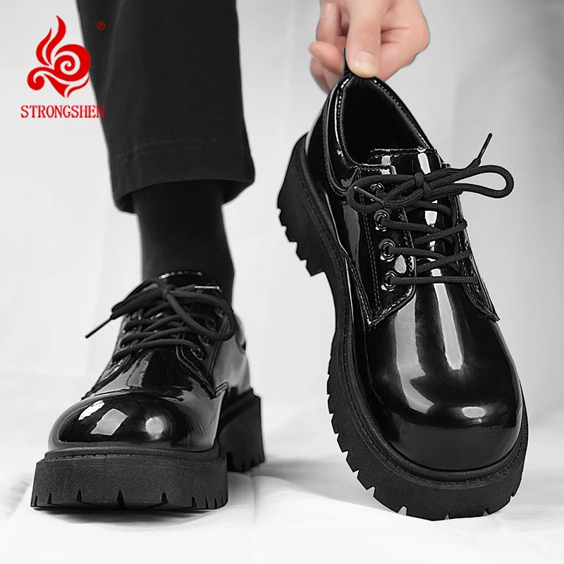 STRONGSHEN Men Patent  Leather Shoes Round Toe Casual Platform Business Shoes Fashion Wedding Banquet Party Formal Dress Shoes