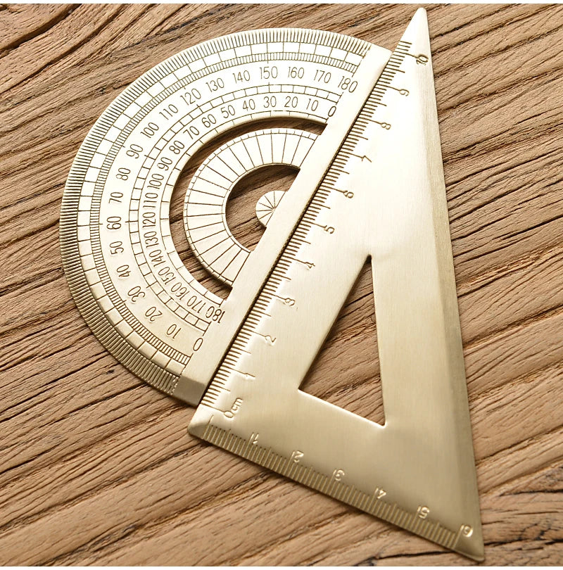 Retro Brass Straight Rulers Centimeter Inches Metal Triangle Ruler Protractor Stationery Measuring Tool School Office Supplies