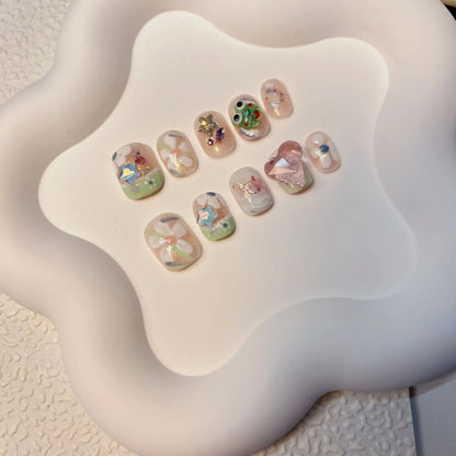 10Pc Acrylic Kawaii Press on Nails Cute Funny Fake Nails with Cartoon Animal Nails Wearable Short Square Full Cover Manicure Tip