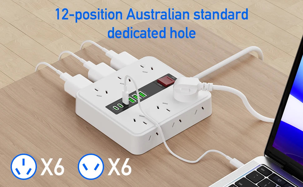 Australian plug power board 6/12 power sockets 6 USB (3A+3C) smart charging overload protection switch 1.8M extension cable