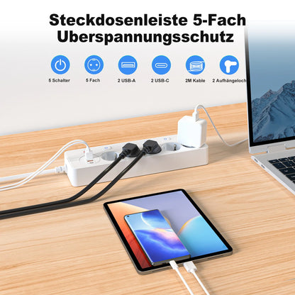 European plug Smart Power Strip with Multi USB Port Type-C, Independent Control Socket 2 meters Cable with Overload Protection