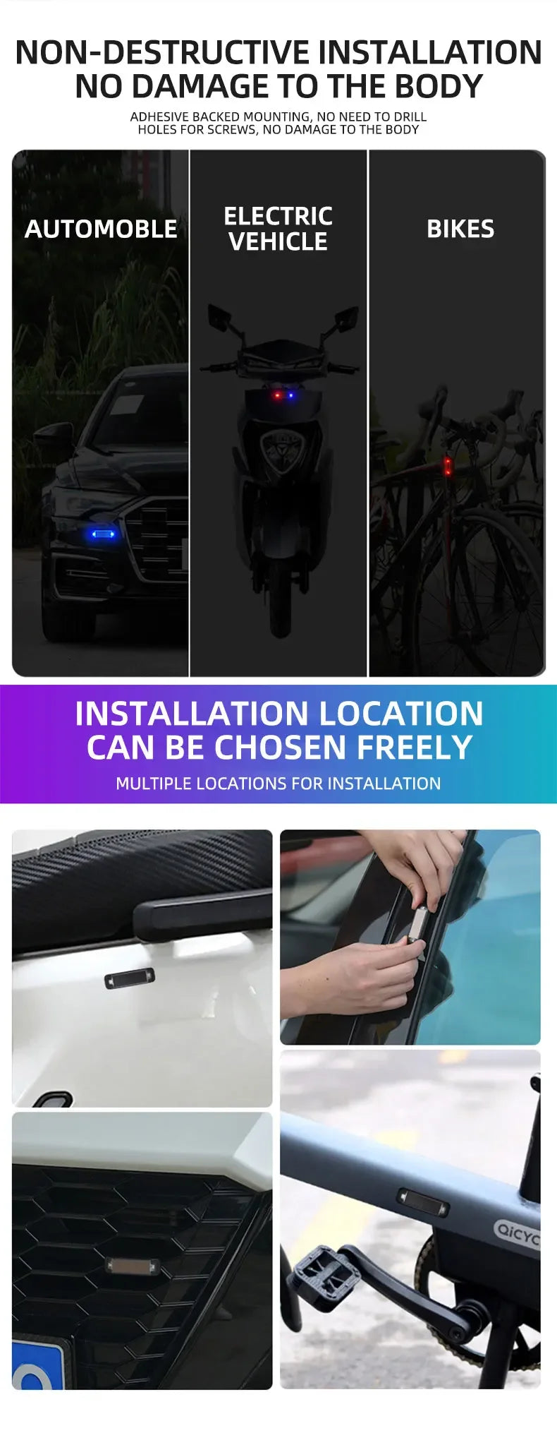 Car solar charging, grille light, night riding, anti rear end collision, motorcycle, electric vehicle, universal flashing warnin