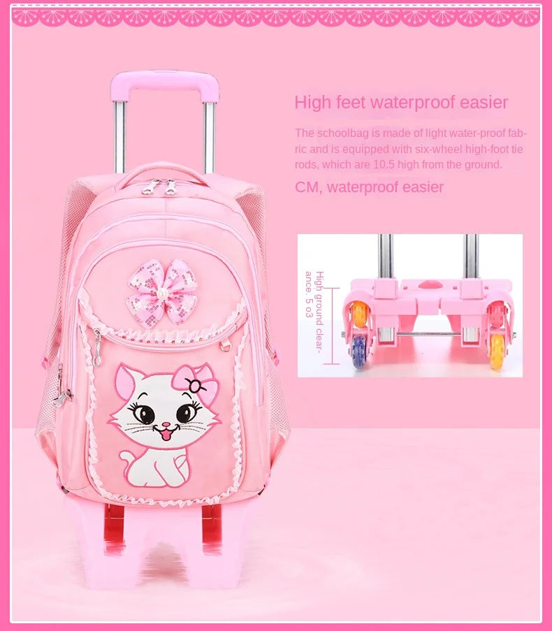 Children School backpack for Girls Cute Cat School Students Backpack For Kids Wheeled Backpack Bag Trolley School Bags On Wheels