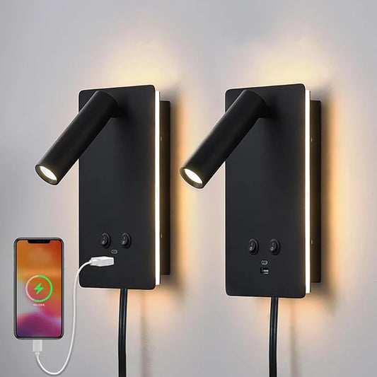 Indoor bedside wall lamp, with front and rear lighting modes, equipped with switch and USB C-type