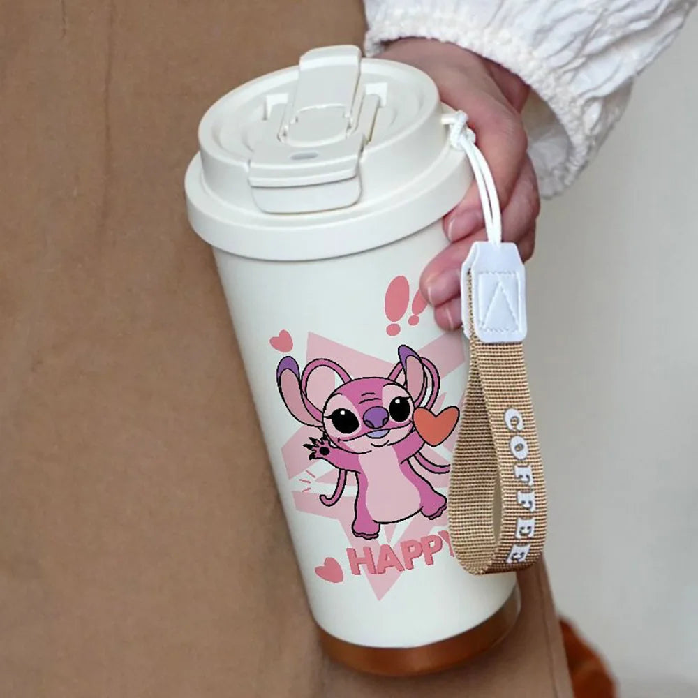 600ML Kawaii Stitch Anime Straw Cup 304 Stainless Cartoon Thermos Cup Portable Double Drinking Water Bottle Gifts For Boys Girls