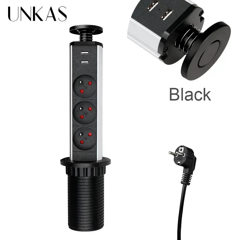 16A PULL POP UP 3 Power EU Socket New Black Color Port Kitchen Table Desktop Sockets Retractable Countertops French Plug