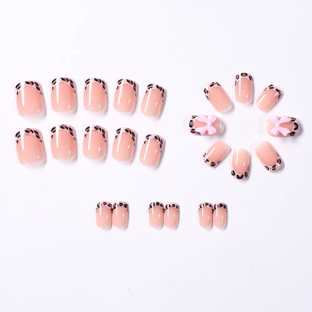 24Pcs Pink Leopard Print French Tips False Nails Short Square Head 3D Black Bowknot Fake Nails Acrylic Full Cover Press on Nails