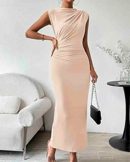 Women's Ruched Bodycon Dress Summer Casual Sleeveless Back Slit Elegant Club Evening Party Cocktail Maxi Dresses