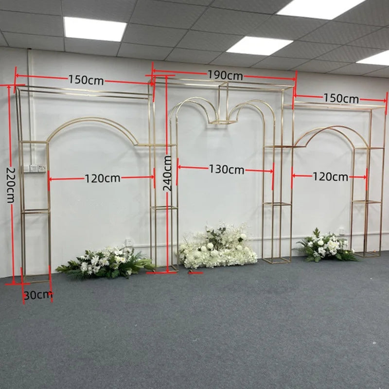 Shiny Gold-Plated Square Screen Backdrop Shelf, Wedding Arch, Geometric Flower, Door Stand, Artificial Flor, 2.2m, 3Pcs