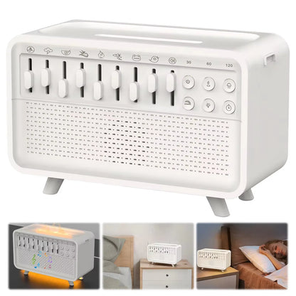 White Noise Sleep Sound Machine Flame Air Diffuser Humidifier with BT Speaker and Night Light Essential Oil Diffuser for Bedroom