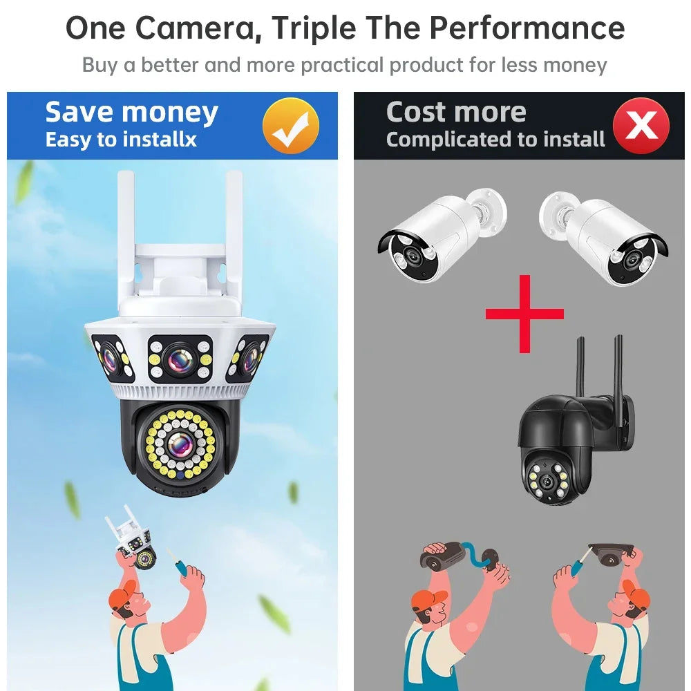 Smart Home WiFi Camera 6K Three Screen Security Camera Outdoor Security Protection Auto Tracking Camara 4K Yoosee CCTV Camera