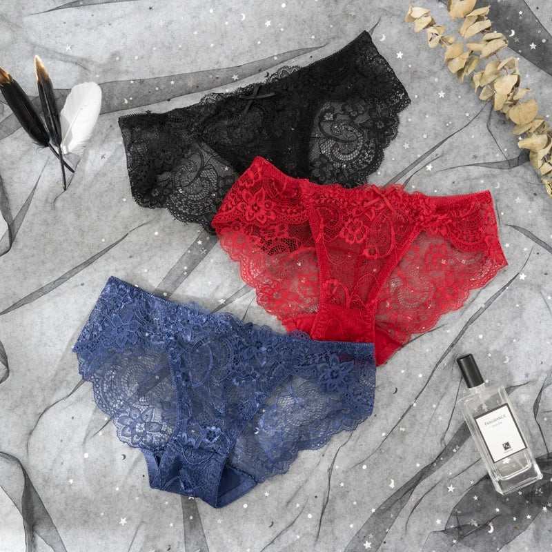 3PCS Hollow Out See Through Underpants Comfortable Briefs Sexy Ladies Lace Transparent Panties Low-Rise Lingerie