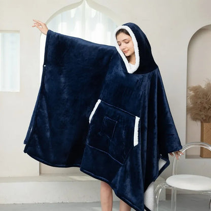 Winter Thickened Wearable Blanket Hooded Lazy European American Style Plus Size Home Casual Wear Flange Lamb Velvet TV Blankets