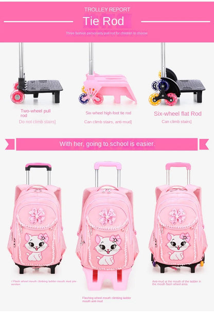 Children School backpack for Girls Cute Cat School Students Backpack For Kids Wheeled Backpack Bag Trolley School Bags On Wheels