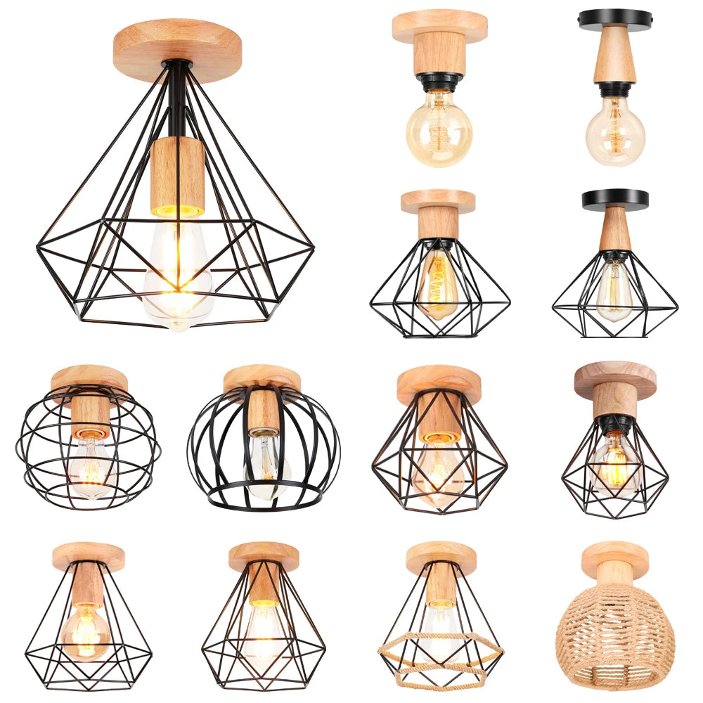 LED E27 Ceiling Lights Vintage Industrial Wood Ceiling Lamp for Kitchen Living Room Bar Restaurant Wire Cage Lampshade Lighting