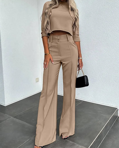 Elegant 2-Piece Women's Office Outfit Set with Mock Neck Crop Top And Buttoned Pants with Pocket Lady Work Wear matching Sets
