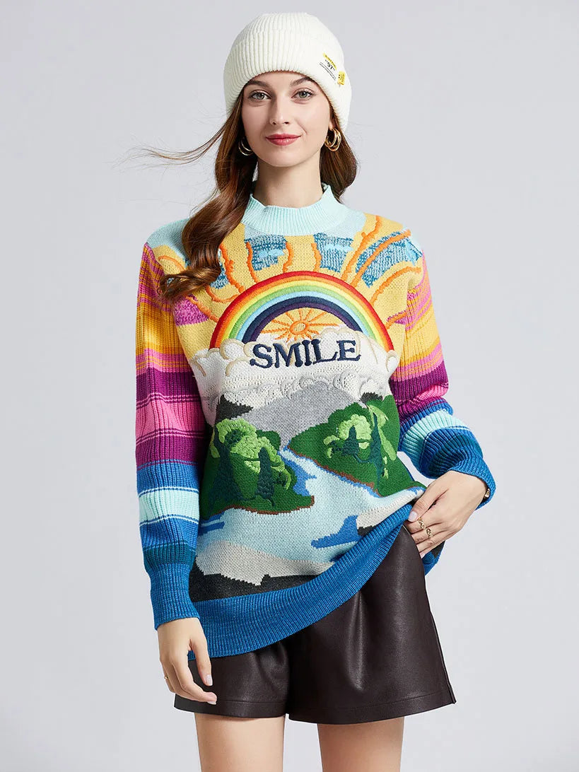 Oversized Sweater Women 2025 Fashion Rainbow Striped Embroidered Letters Knitted Pullovers Loose Casual Streetwear Tops C-119