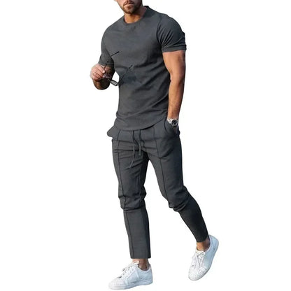 Sports Set Mens Fall 2023 Summer Solid Casual Round Neck Short Sleeve Sports T-shirt Two Piece Set for Men