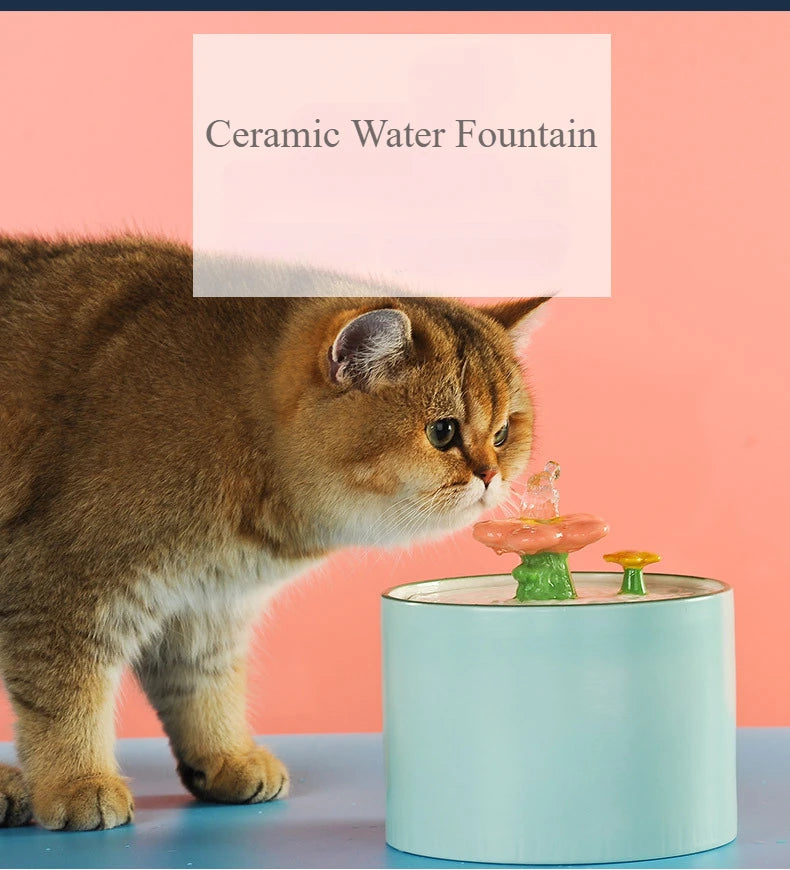 Cat Ceramic Flower Water Fountain Drinking Feeders Pets