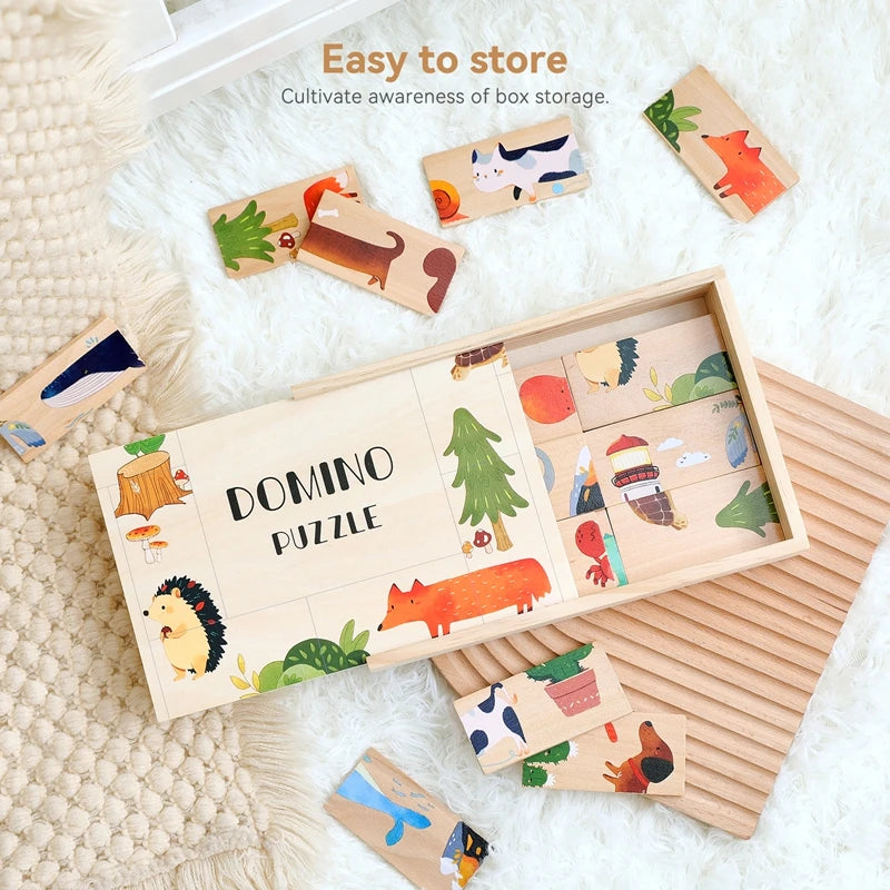 The Baby Montessori Domino Puzzle Toy Features Cartoon Patterned Dominoes With Smooth Edges That Are Super Fun For Babies