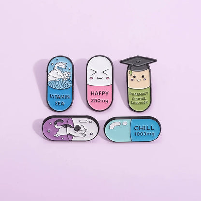 Happy Capsule Pill Enamel Pin Vitamin Sea Pharmacy School Survivor Pharmacist Brooch Badge Jewelry Gift For Medical Student
