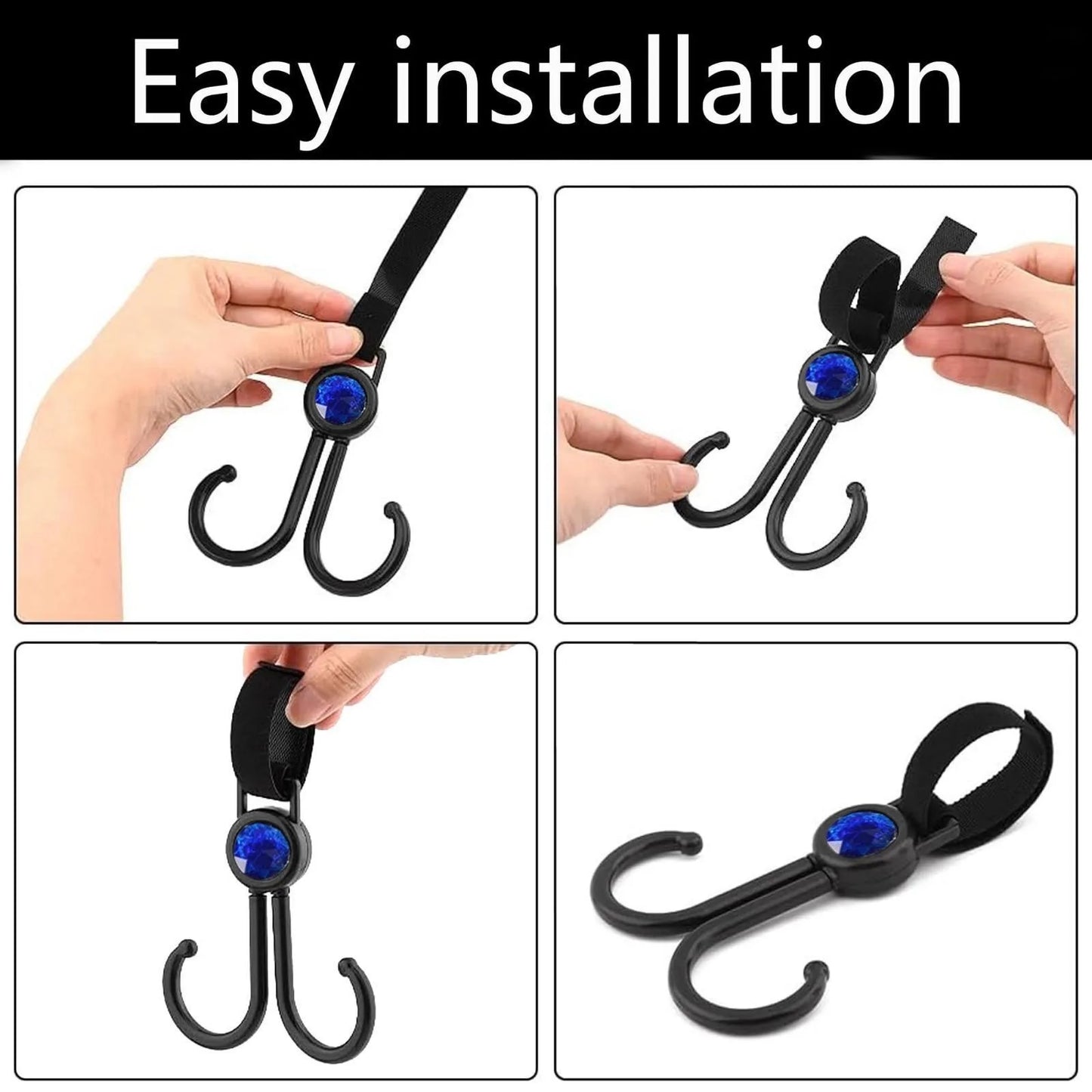 2 Pack Stroller Hooks with Hook-and-Loop - 360° Rotating Carabiner Clips for Diaper Bag, Purse, Groceries - Food Grade ABS (Univ