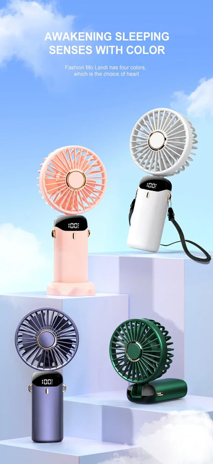 Handheld Mini Fan Foldable Portable Neck Hanging Fans 5 Speed USB Rechargeable Fan with Phone Stand and Display Screen 1800mAh