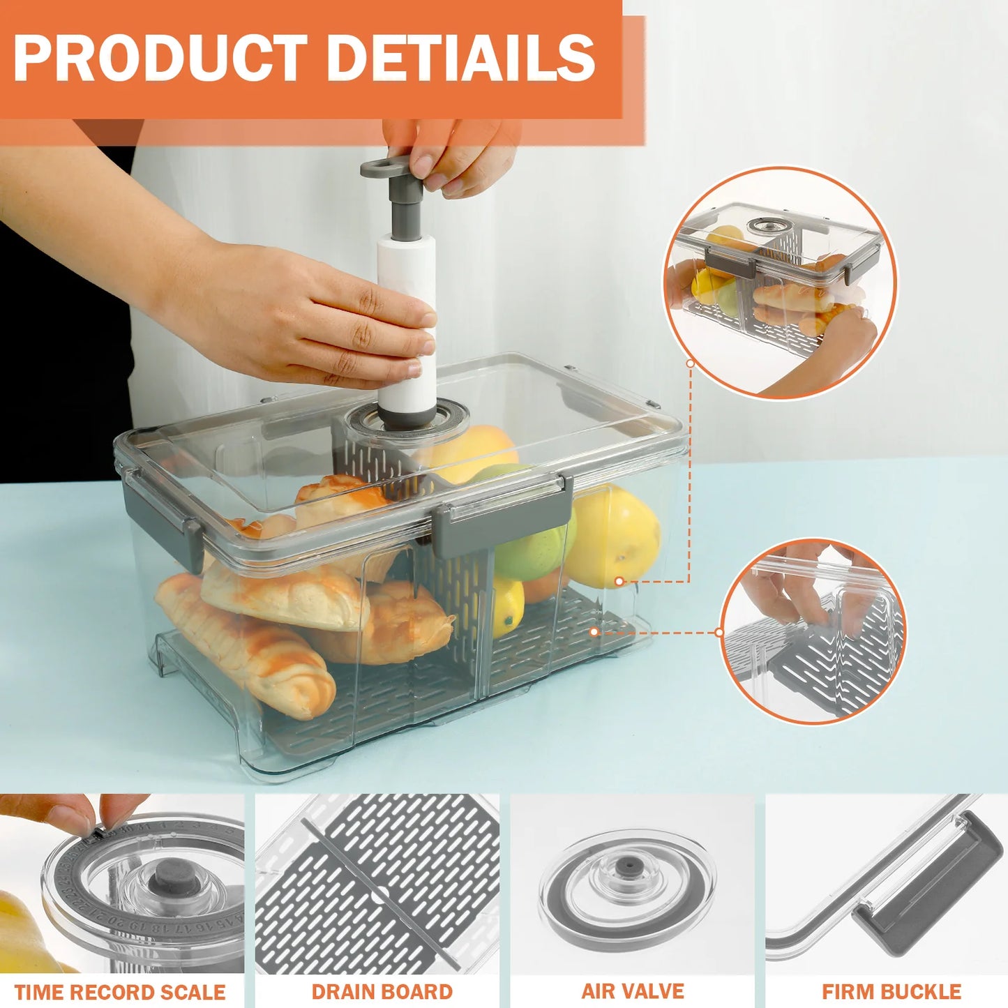 Bread Box Rectangular Airtight Bread Storage Container Bread Keeper Time Recording Bread Holder with Vacuum Pump for Kitchen New